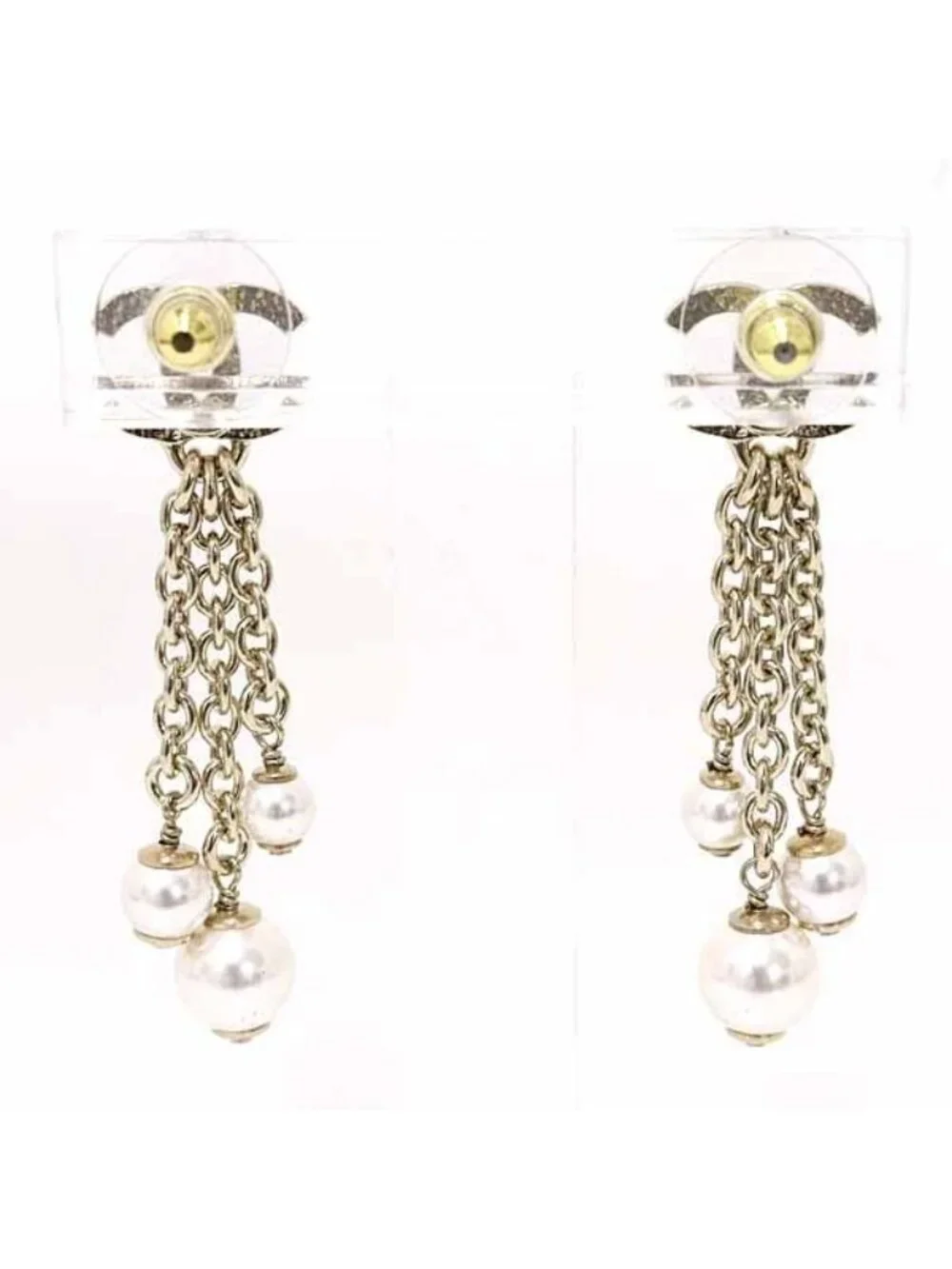 Chanel Pearl Chain Coco Mark Earrings Metal Rai White Gold B25 A